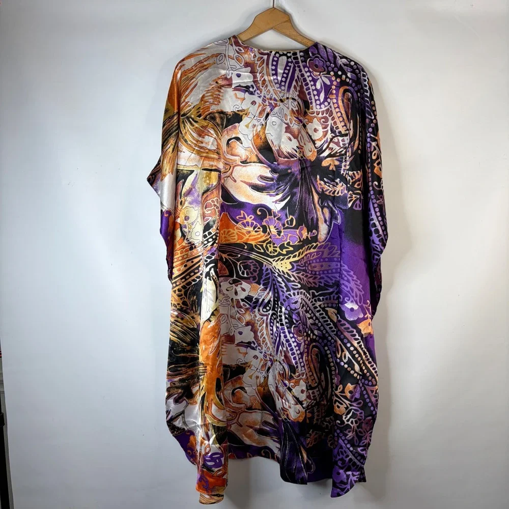 Ashro Kaftan Women Free Size Purple Orange Paisley Satin V-Neck Kimono Sleeve